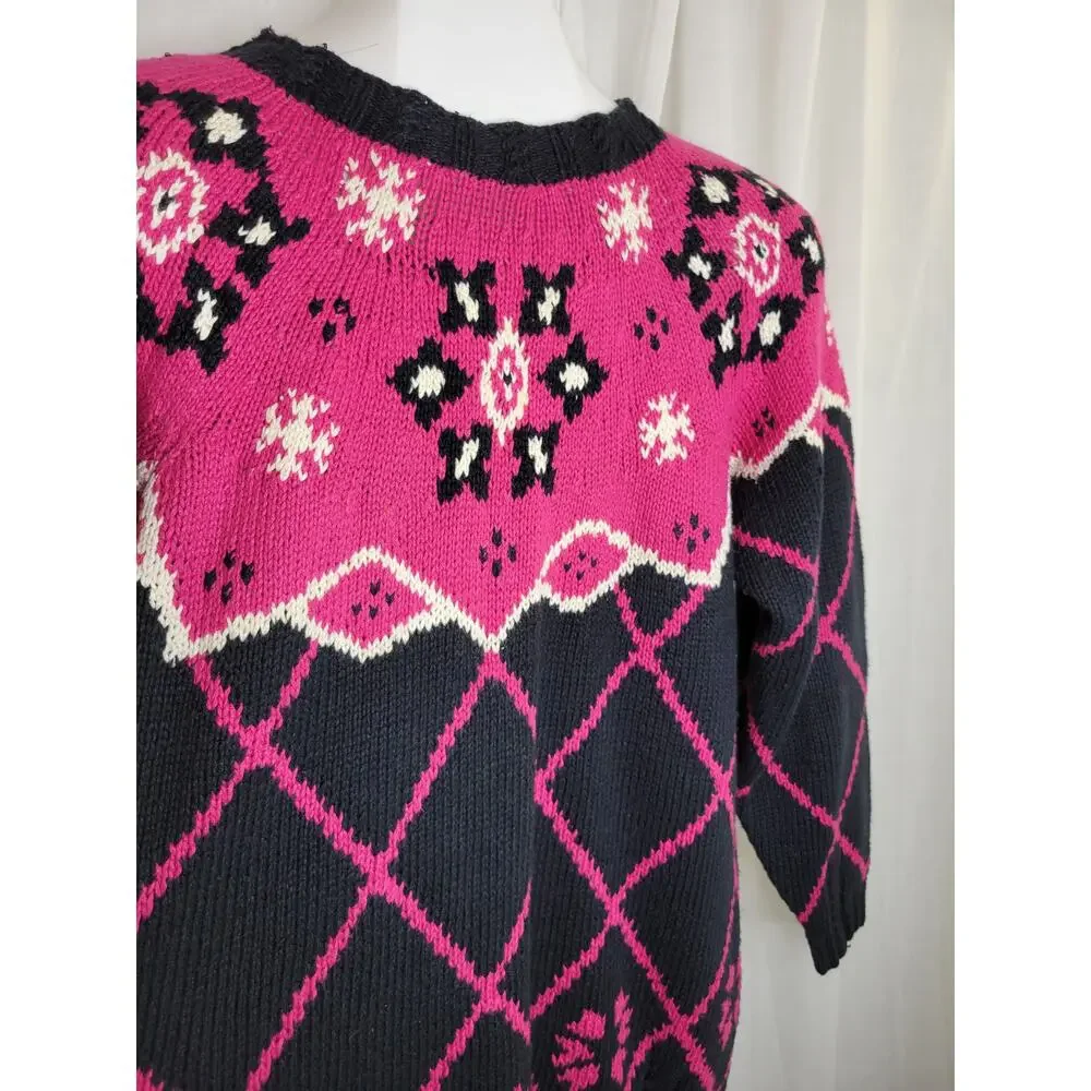 Piccone Sport Vintage Pink and Navy Hand Knit Sweater, M